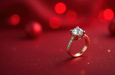 A detailed close up of a beautiful gold ring featuring a diamonds on a red bokeh background
