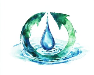 Water droplet with green leaves, symbolizing sustainability and eco-friendliness.