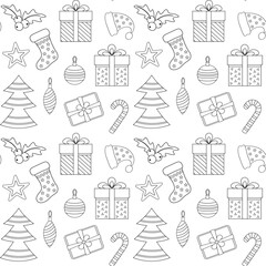 New Year and Christmas outline icons on white background monochrome seamless vector pattern