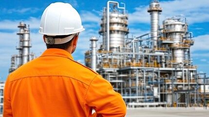 A male worker in an orange uniform observes gas storage at an industrial plant under a clear blue sky during daylight