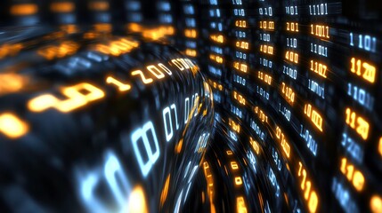 Abstract digital binary code background with glowing orange and blue digits.