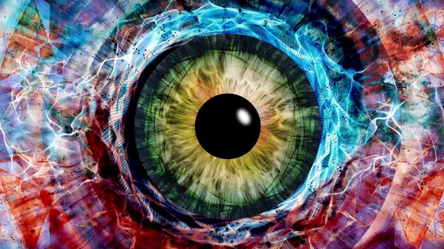 Close-up of a human iris with psychedelic multicolored patterns