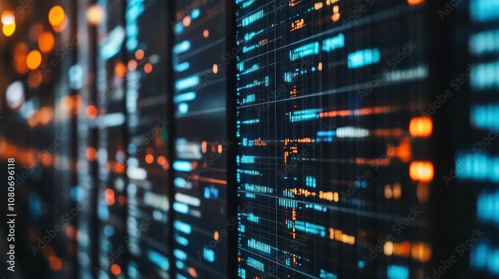 Poster Abstract view of a server room with digital data streaming across multiple screens.