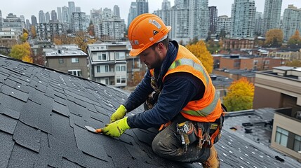 Construction Worker Installing Roofing Shingles on a City Roof