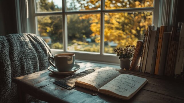 Cozy autumn morning with coffee and journal by the window.