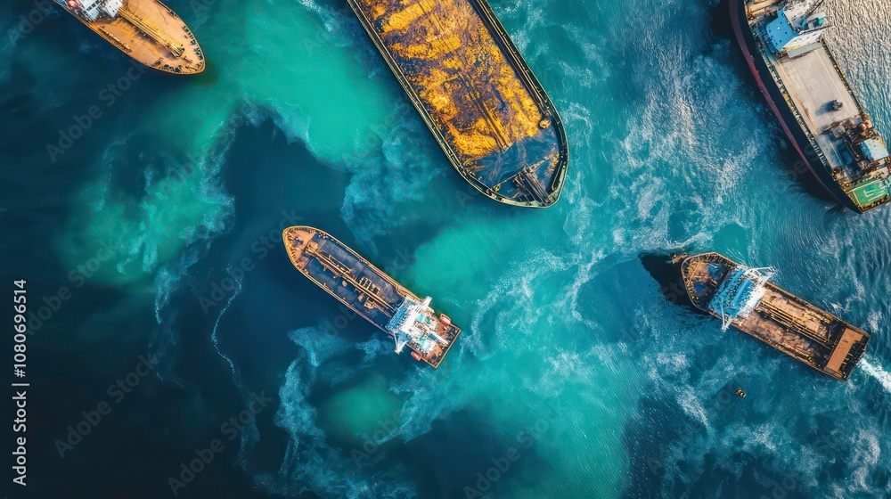 Poster An aerial view of a fleet of cargo ships in a busy port. The ships are traveling in different directions, creating a swirling pattern in the water.