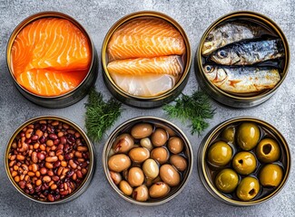 Assortment of tinned foods including fish, beans, and olives on gray background
