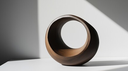 A modern wooden bowl with a circular design, placed on a white surface with soft shadows.