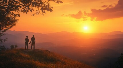 Black couple watching the sunset from a hilltop, holding hands, golden light illuminating their silhouettes, vast landscape view,