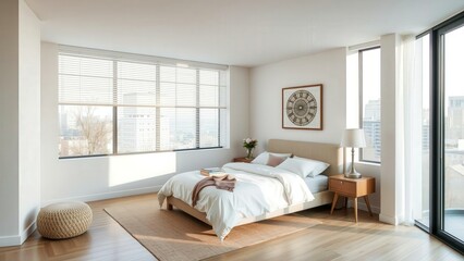 Fototapeta premium Elegant Modern Bedroom with Natural Light and Minimalist Design Perfect for Relaxation and Comfort