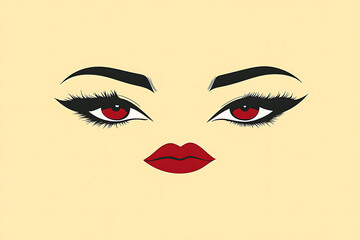 Minimalistic illustration featuring bold, stylized eyes and red lips centered on a blank background, creating a striking, modern aesthetic