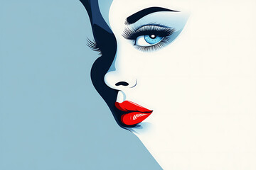 Minimalistic illustration featuring bold, stylized eyes and red lips centered on a blank background, creating a striking, modern aesthetic