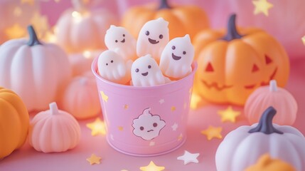 Cute ghost decorations in a pastel Halloween setting