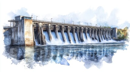 Watercolor painting of a dam reflecting on a calm river under a clear sky.