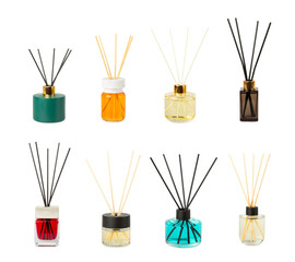 Aromatic reed air freshener isolated on white background.Diffuser with natural fruity, floral, spicy aroma.interior scent. Luxury perfume for the home.