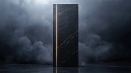 A sleek black marble door with golden veins, surrounded by mist and dramatic lighting.