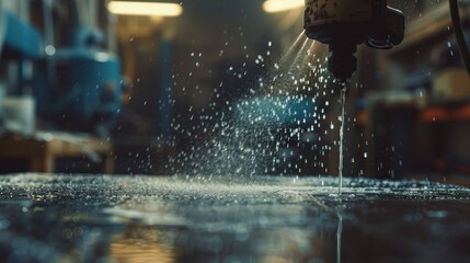 Close-up of water spray cooling a metal sheet being cut by a machine in a workshop.