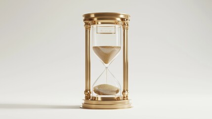 A beautiful gold hourglass with sand flowing between two chambers against a light background.