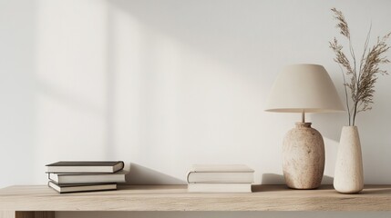 Minimalist Home Decor with Books, Lamp and Vase