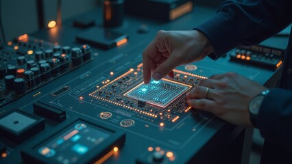 Obraz premium Futuristic technology circuit board with human interaction and digital innovation
