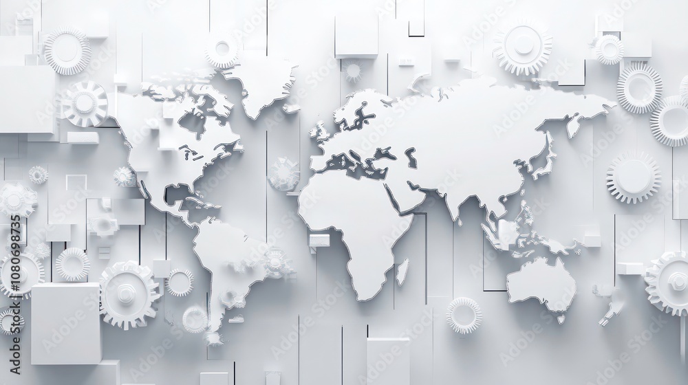 Aufkleber Abstract world map background with white color blocks and gears symbolizing global networks and technology