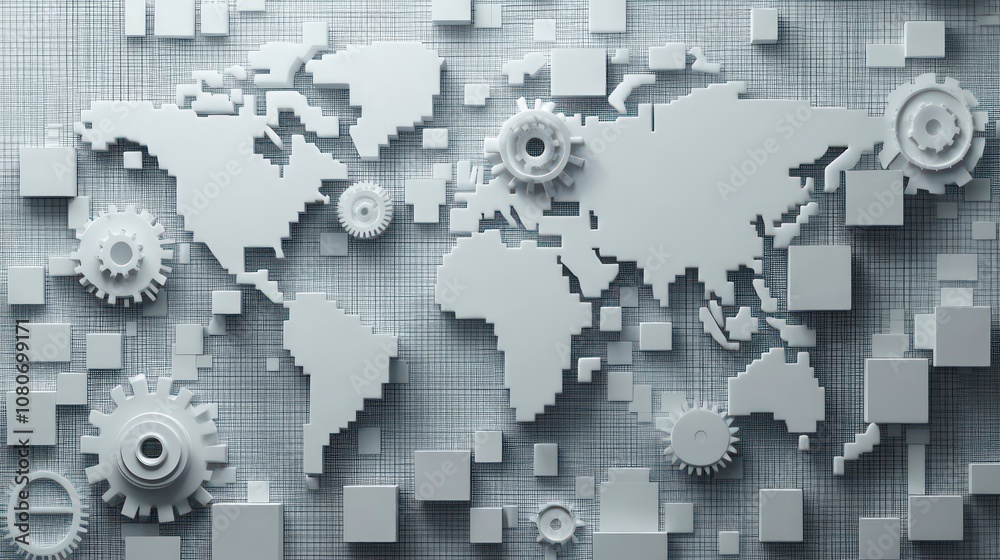 Aufkleber Abstract world map background with white color blocks and gears symbolizing global networks and technology