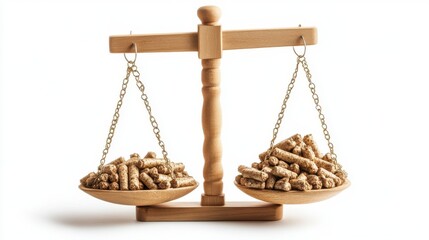 Wooden scale balancing pellets on isolated white background