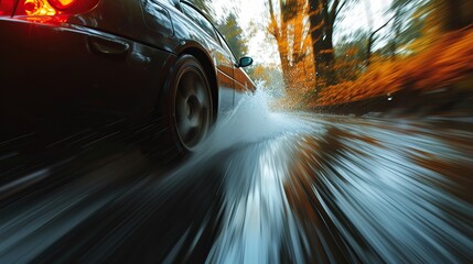Obraz premium A car speeds through a puddle, creating a spray of water. The motion blur creates a sense of speed and energy.
