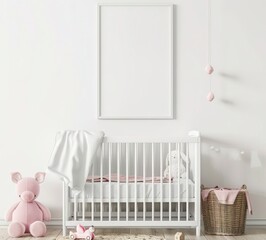 A white crib with pink bedding and toys in a minimalist nursery setting