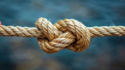 A close-up of a thick, knotted rope against a blurry blue background. The rope is light brown in color and has a rough texture. 