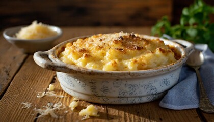 Rich and Creamy Mac and Cheese Baked to Perfection, Topped With a Golden Crust of Breadcrumbs and Parmesan, Served in a Ceramic Dish on a Rustic Wooden Table