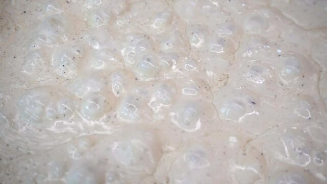 Close-up of white soup boiling in a pot, showcasing the creamy texture, bubbling surface, and rich consistency, capturing the warmth and comfort of a hearty meal being prepared