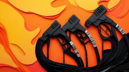 Abstract papercut of gas pumps with flowing black paper representing oil, set against a fiery orange background