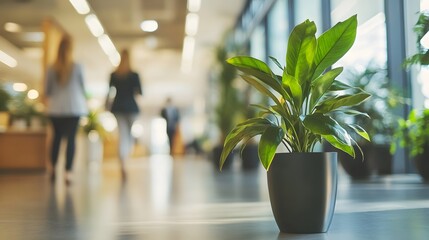 Lively Indoor Plant in Modern Office Space with Blurred People Walking in the Background Highlighting Workplace Environment and Natural Elements