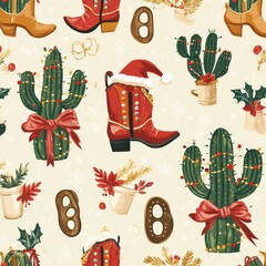 Christmas Cactus Cowboy Boots Seamless Pattern