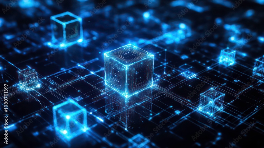 Poster Abstract digital network with glowing blue cubes connected by lines, representing data transfer and communication.