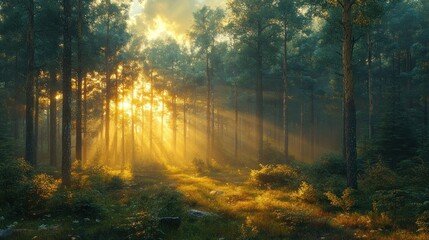 Obraz premium Sunlight filters through a serene forest, creating a tranquil atmosphere.