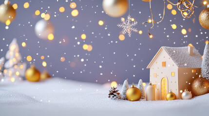 Fototapeta premium Cozy winter scene featuring a miniature house surrounded by snowy decorations, golden ornaments, and softly falling snowflakes