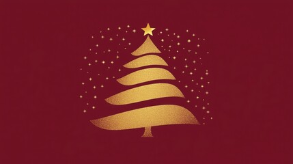 A minimalistic golden Christmas tree design on a deep red background.