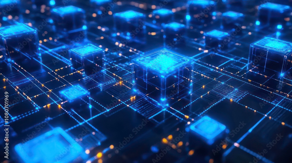 Poster Abstract digital blockchain network concept with glowing blue cubes on a dark background