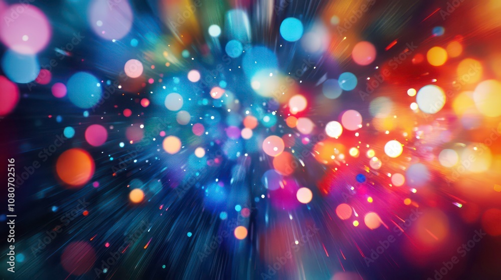 Poster Abstract background with colorful bokeh lights and glowing particles in a radial motion blur.