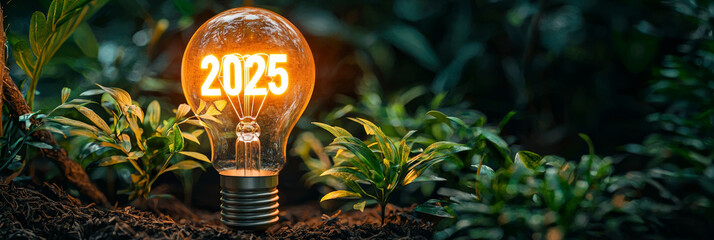 Sustainable future concept with glowing lightbulb and plants symbolizing growth and innovation for 2025
