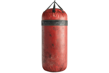 red leather boxing bag with black handle isolated on black background