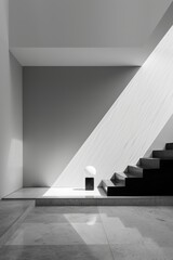 Obraz premium A minimalist interior featuring a sunlit staircase with sleek lines and modern design, creating a serene and elegant atmosphere.