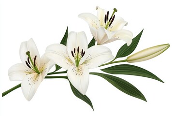 A beautiful illustration of white lilies, featuring rich green leaves, perfect for floral-themed designs and creative projects.