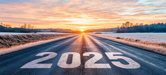 year 2025 is prominently displayed on asphalt road at sunset, symbolizing new beginnings and opportunities. landscape features fields and trees, creating serene atmosphere