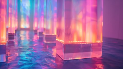 A close-up of a glowing, iridescent, abstract art installation.  The installation is made of rectangular, translucent blocks with a light source inside.