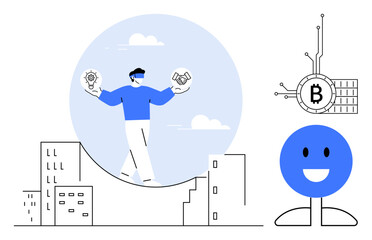 A person balances fintech and cryptocurrency icons over a cityscape. An AI robot with a Bitcoin symbol. Ideal for technology, fintech, cryptocurrency, finance, innovation. Cartoon line art style