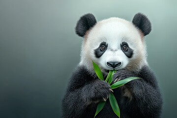 Obraz premium A cute panda munching on bamboo, showcasing its adorable features against a soft, muted background.