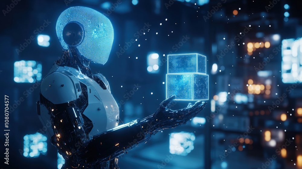 Poster futuristic robot analyzing glowing digital cube in high-tech environment.